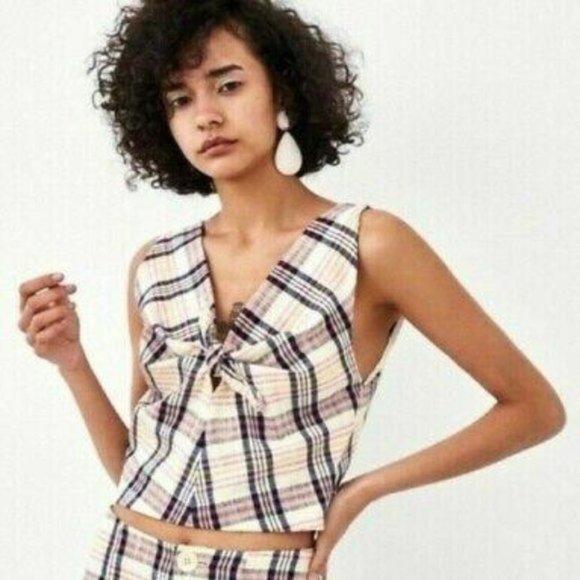 NWOT Zara checkered plaid crop top with knot bow & keyhole detail, S - Picture 6 of 14